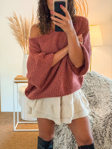 Pull épaule dénudée Mohair et Laine Grenat