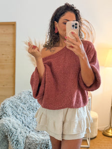 Pull épaule dénudée Mohair et Laine Grenat