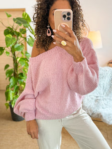 Pull épaule dénudée Mohair et Laine Rose